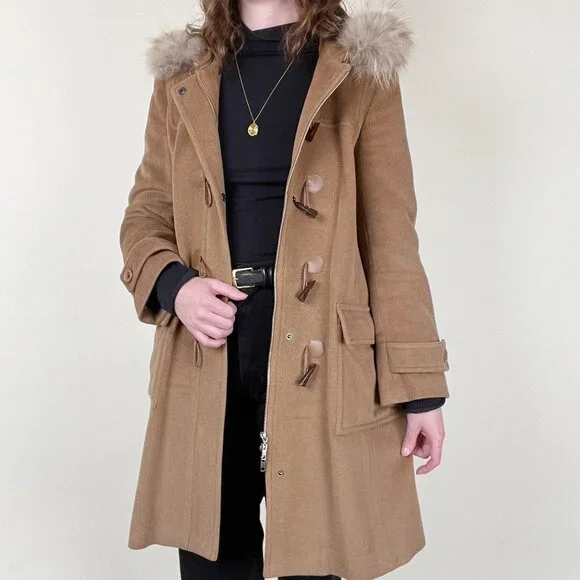 Vintage 100% Cashmere Fur Hood Duffle Jacket Peacoat Toggle Long Winter Pea Coat - Picture 5 of 11